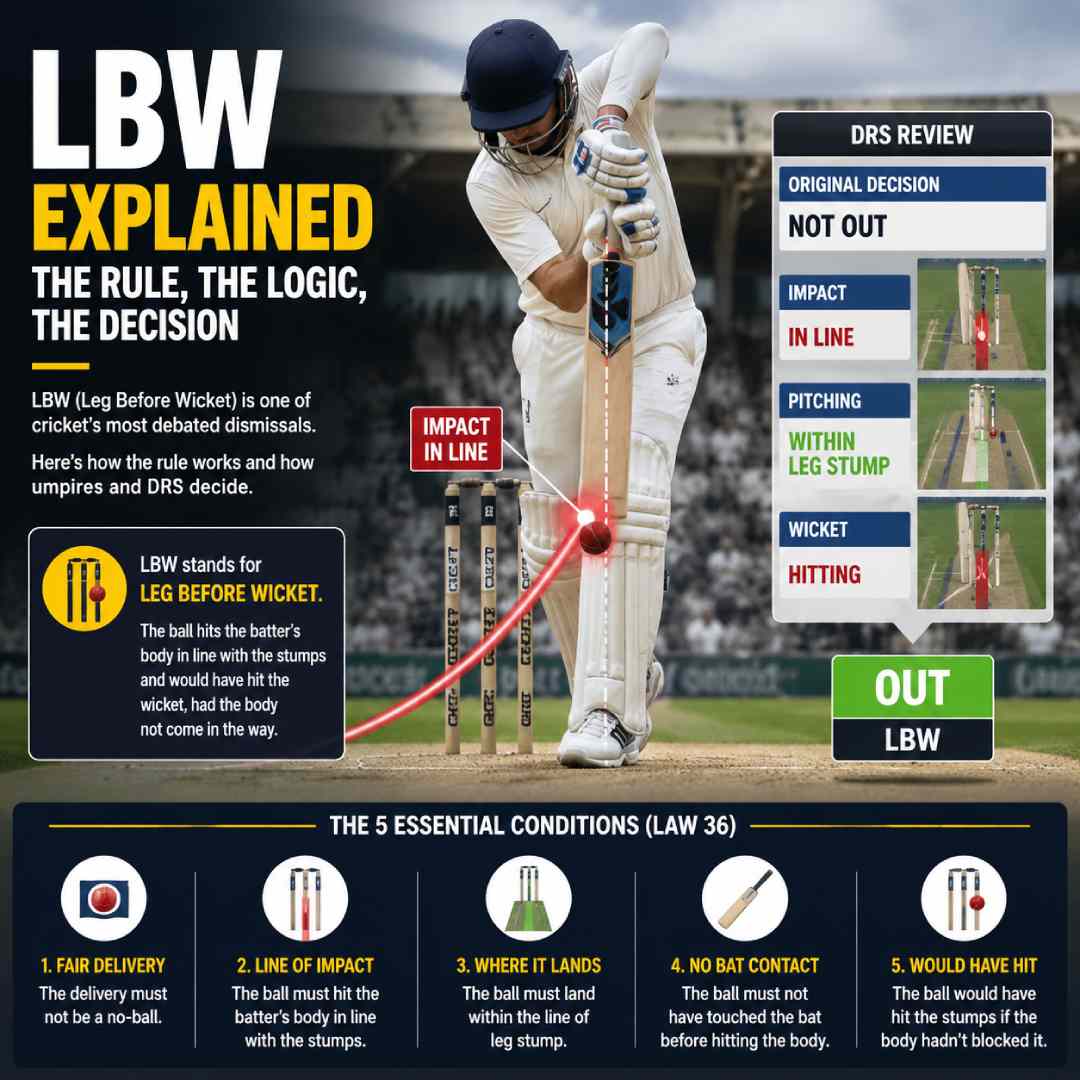 LBW explained with cricket DRS review showing ball impact in line and projected path to the stumps