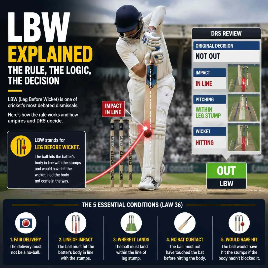 LBW explained with cricket DRS review showing ball impact in line and projected path to the stumps